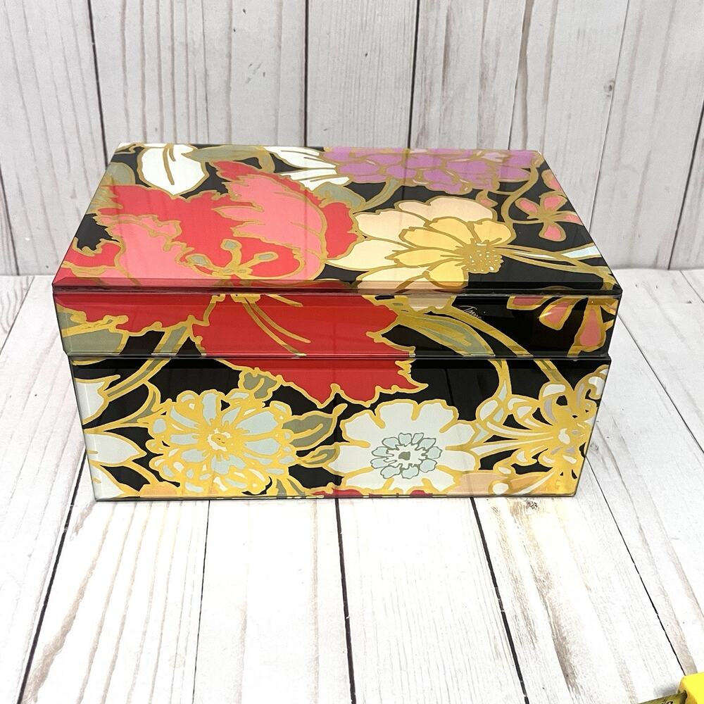 Trina Turk Mirrored Glass Jewelry Box Vibrant Floral Pattern Velvet Lined